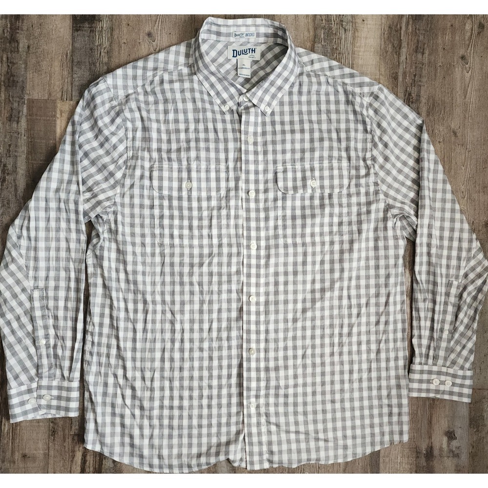 Duluth Trading Co Button Down Shirt Mens XL Grey Gingham Untucked Standard Fit